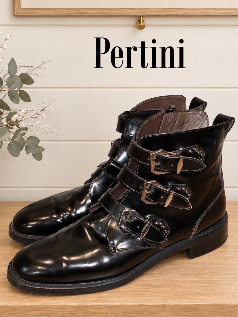 Pertini Black Leather Buckle Ankle Boots – Size 41